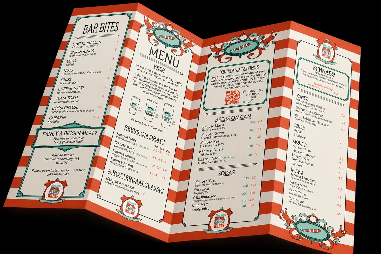 A folded four-panel bar menu mockup with orange chequerboard details.